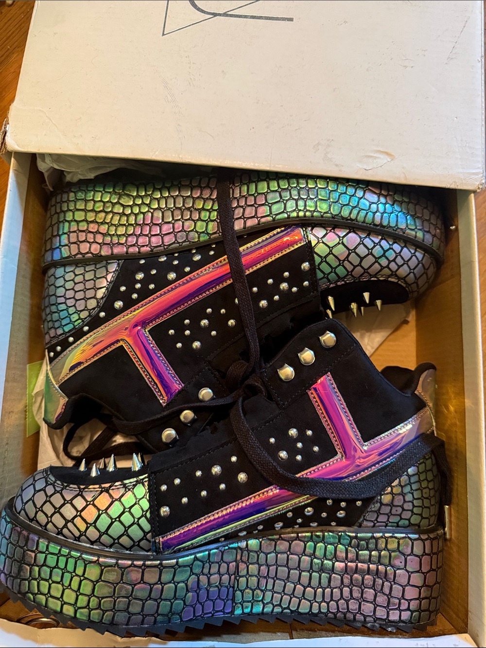 Y.R.U. Black Platform Sneakers with Iridescent Rainbow Scales and Pink Accents